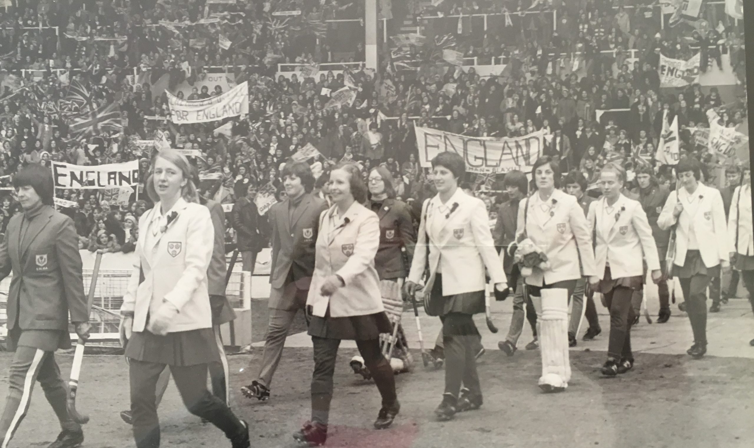 England hockey captain Anita White leading out the England women's hockey team at the 1975 World Cup