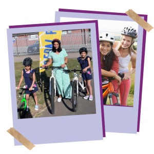 Mum and daughters cycling together