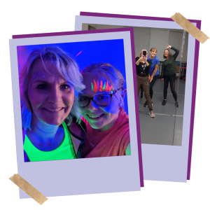 Mum and daughter wearing neon clothes and facepaint at a Clubbercise class